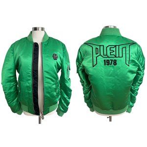 Philipp Plein Mens L Green Satin Logo Padded Full Zip Bomber Jacket SAMPLE